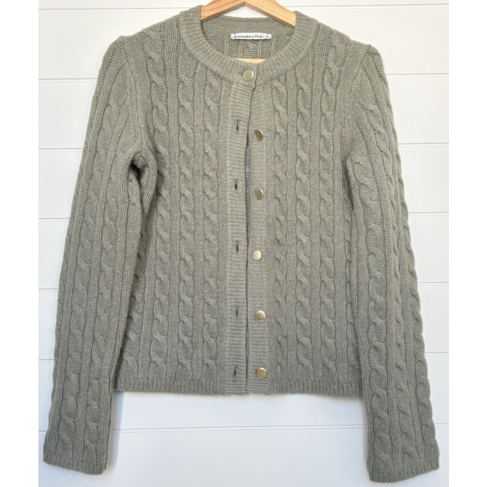Abercrombie & Fitch Cable Crew Cardigan Sweater Olive Green Gold Buttons Cozy S - Picture 6 of 10